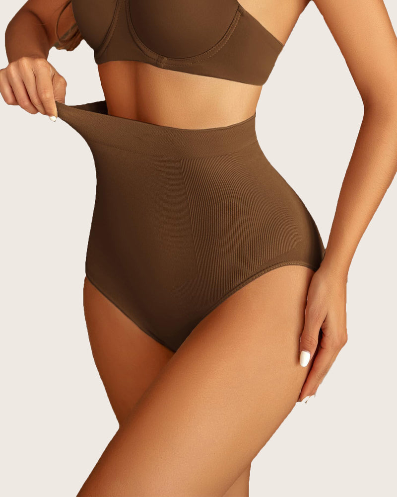 Brown tummy control briefs with ribbed panel and high-waist shaping