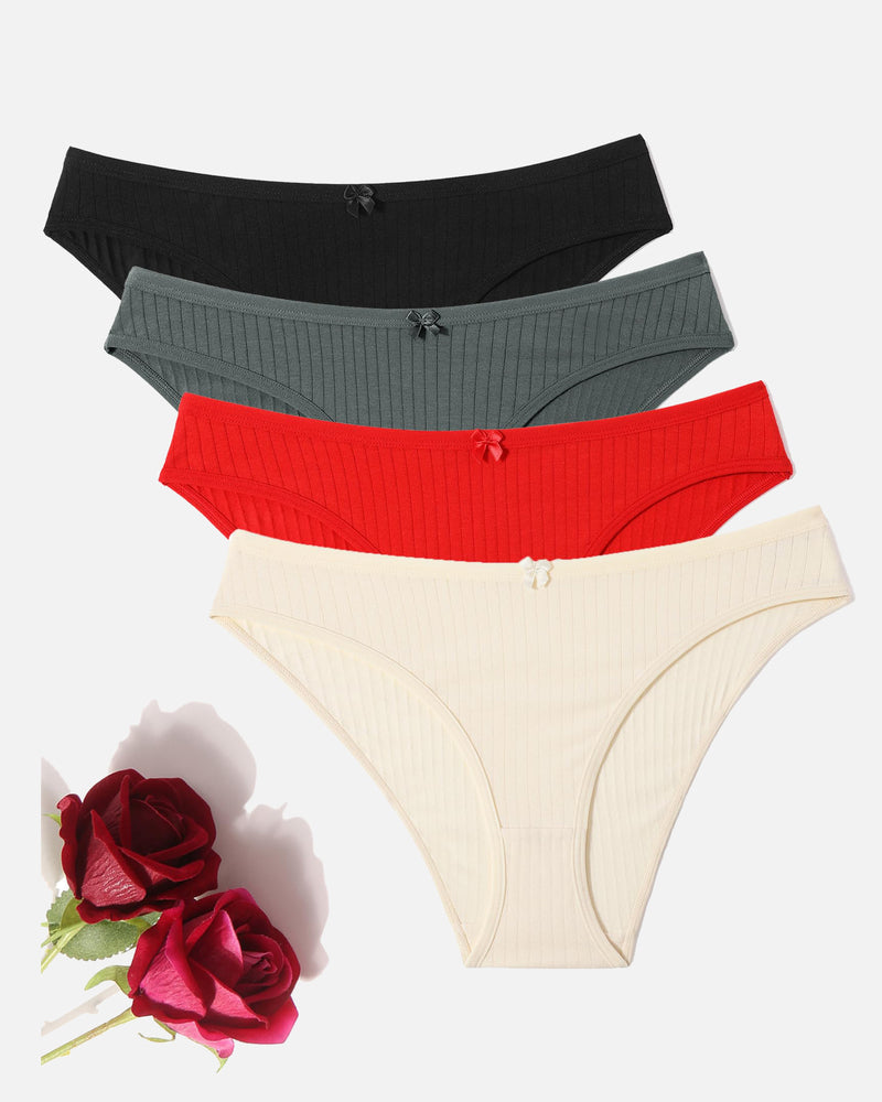 Cotton ribbed hipster panties set: black, gray, red, and cream