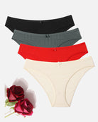 Cotton ribbed hipster panties set: black, gray, red, and cream