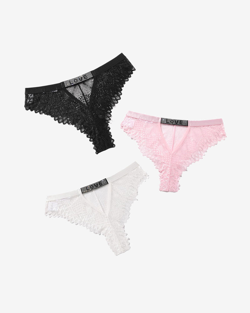 Lace panty set: black, pink, and white lace with scalloped edges and elastic waistband