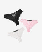 Lace panty set: black, pink, and white lace with scalloped edges and elastic waistband