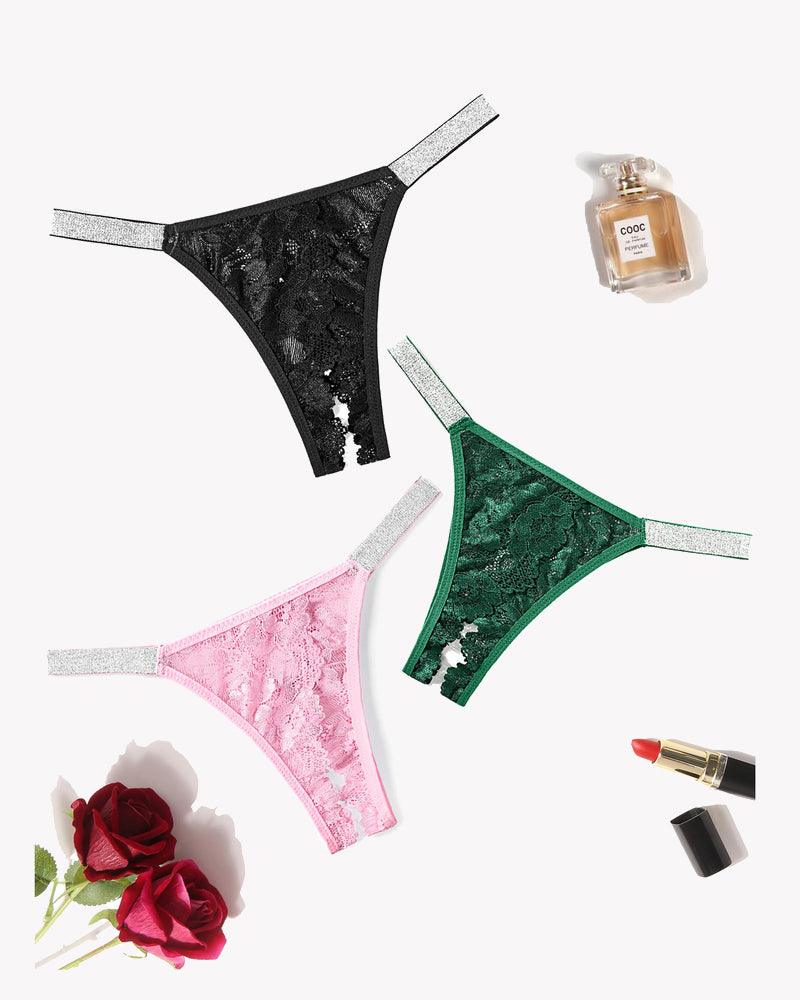 Set of lace low-rise panties with glitter trim straps: black, green, and pink