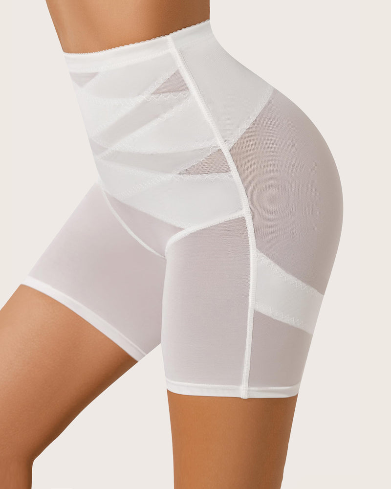 White shapewear shorts with sheer mesh paneling and vertical stitched detailing