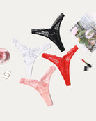Red, pink, and white lace g-string thongs with scalloped lace trim