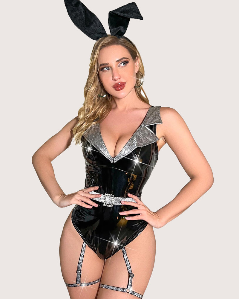 Black snap-crotch mini teddy with silver V-neck trim and garter straps