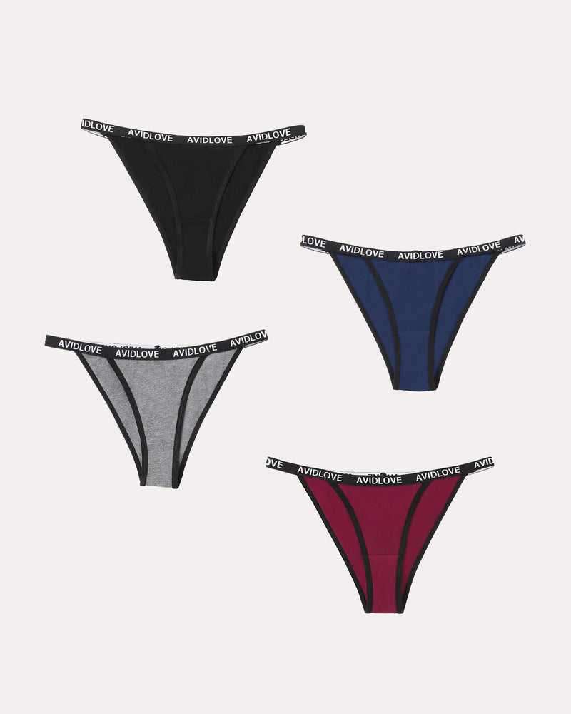 Cotton string panties set of 4, thong styles: black, navy, gray, and red