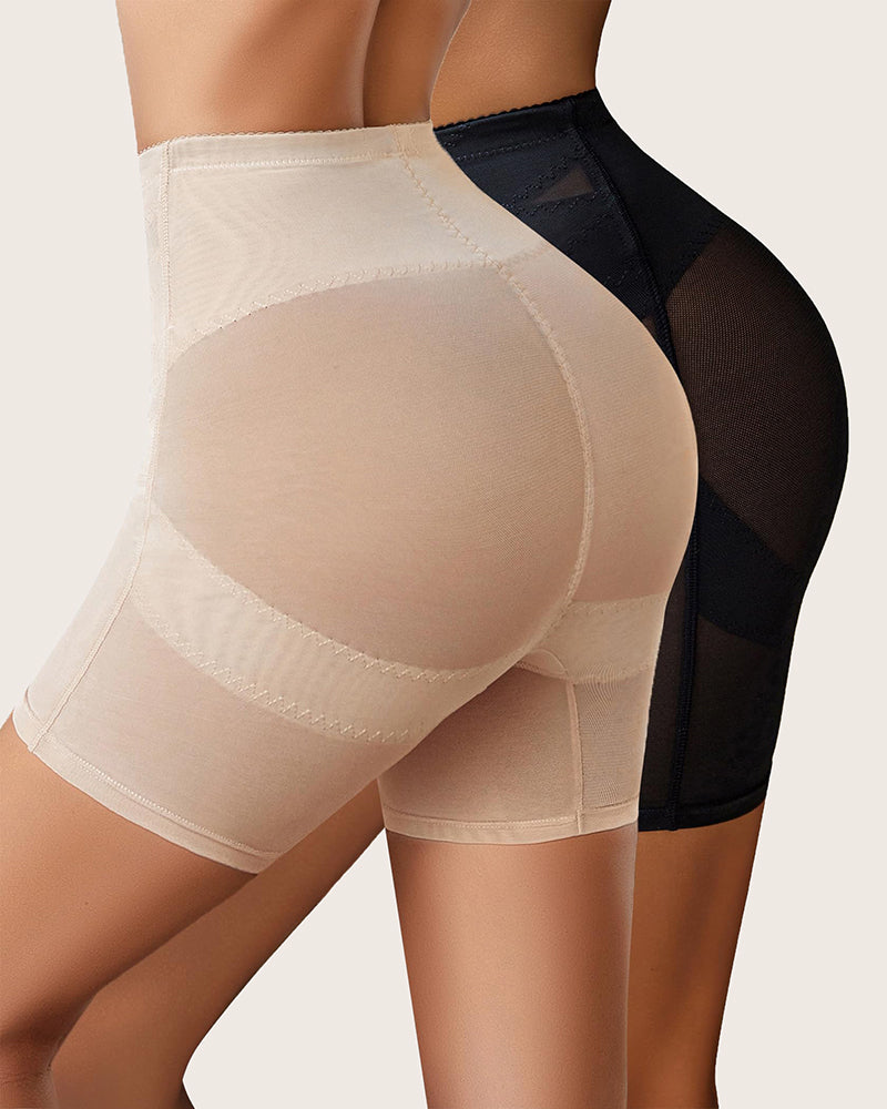 Flesh-colored shapewear shorts with circular butt padding and sheer mesh panels