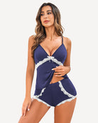 Modal pajama cami and shorts set in deep blue with white lace trim