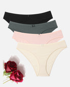 Cotton ribbed hipster panties set: black, gray, pink, and cream