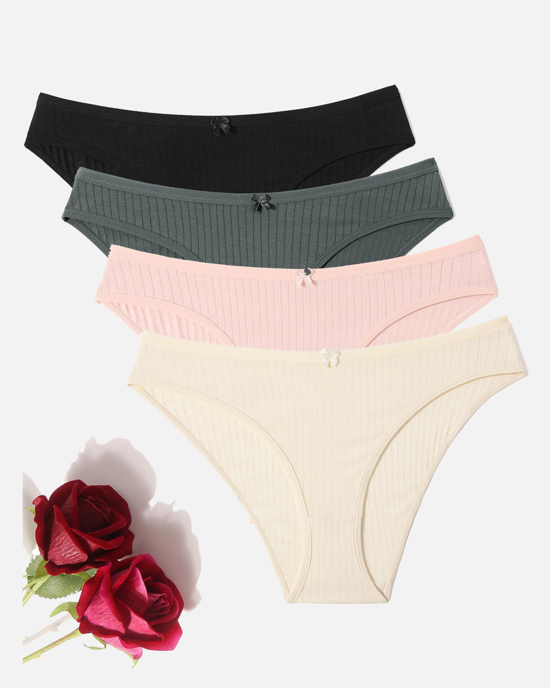 Cotton ribbed hipster panties set: black, gray, pink, and cream