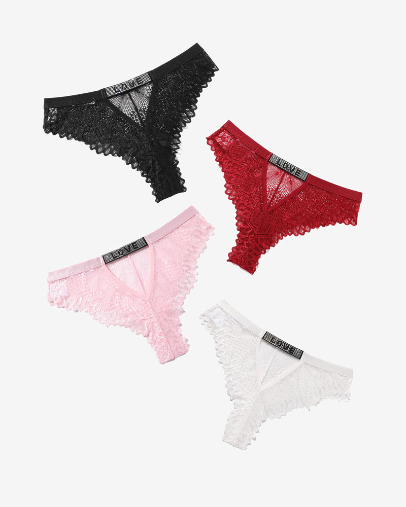 Lace panty set: black, red, pink, and white lace with scalloped edges and elastic waistband