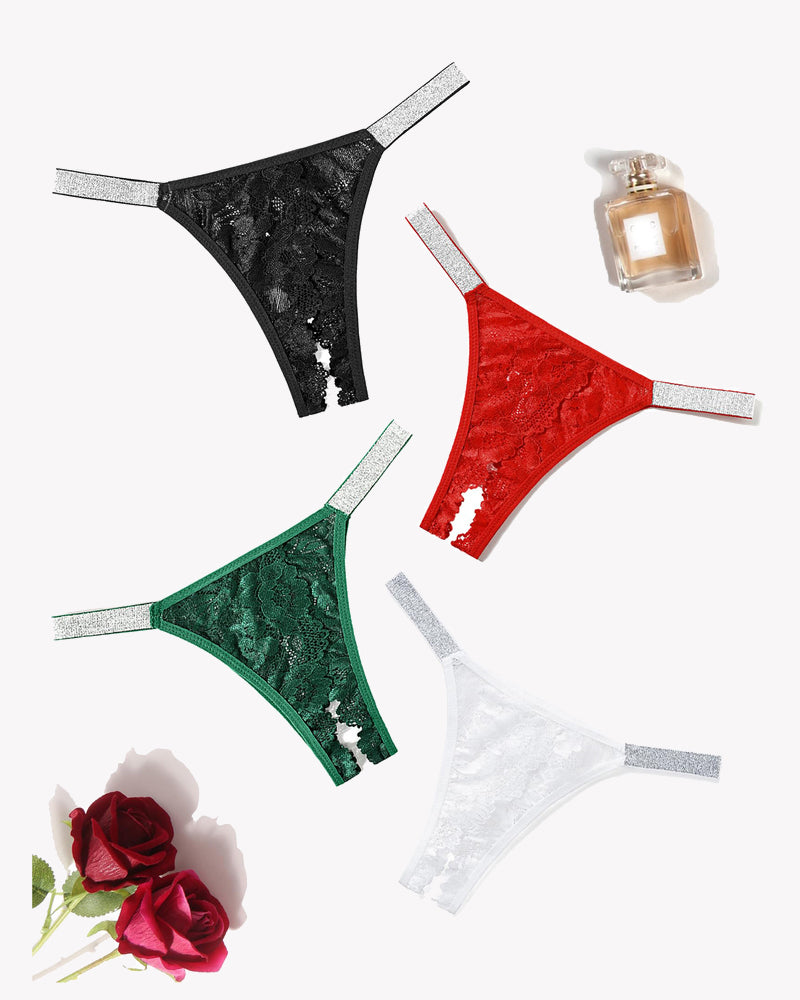 Set of lace low-rise panties with glitter trim straps: black, red, green, and white
