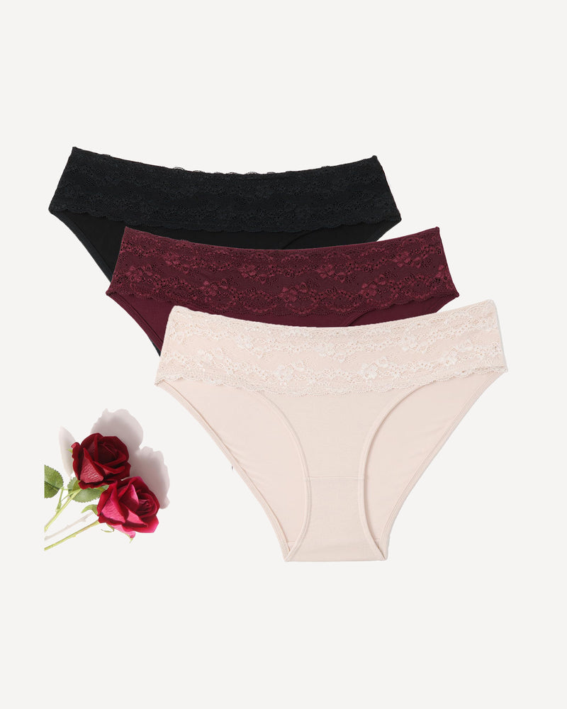 3-pack lace high-cut hipster panties, black, burgundy, cream