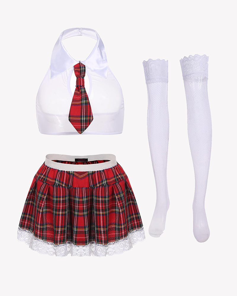 Costume set: white halter, red plaid pleated mini skirt, and white lace stockings