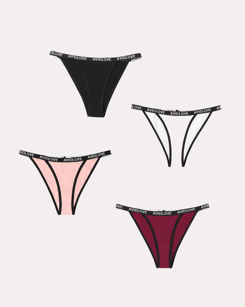 Cotton string panties set of 4, black, blush pink, white, and maroon