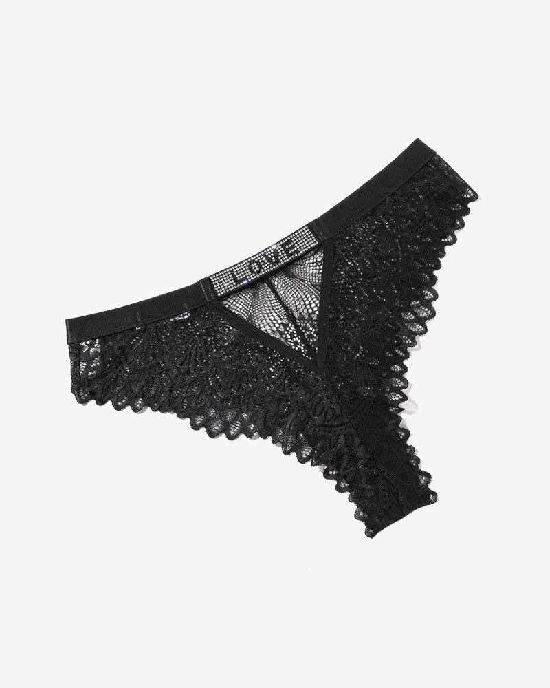 Black lace panty with mesh center panel and scalloped trim, elastic logo waistband