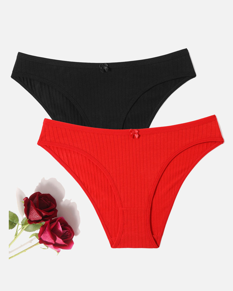 Cotton ribbed hipster panties in black and red, bow-detail mid-rise
