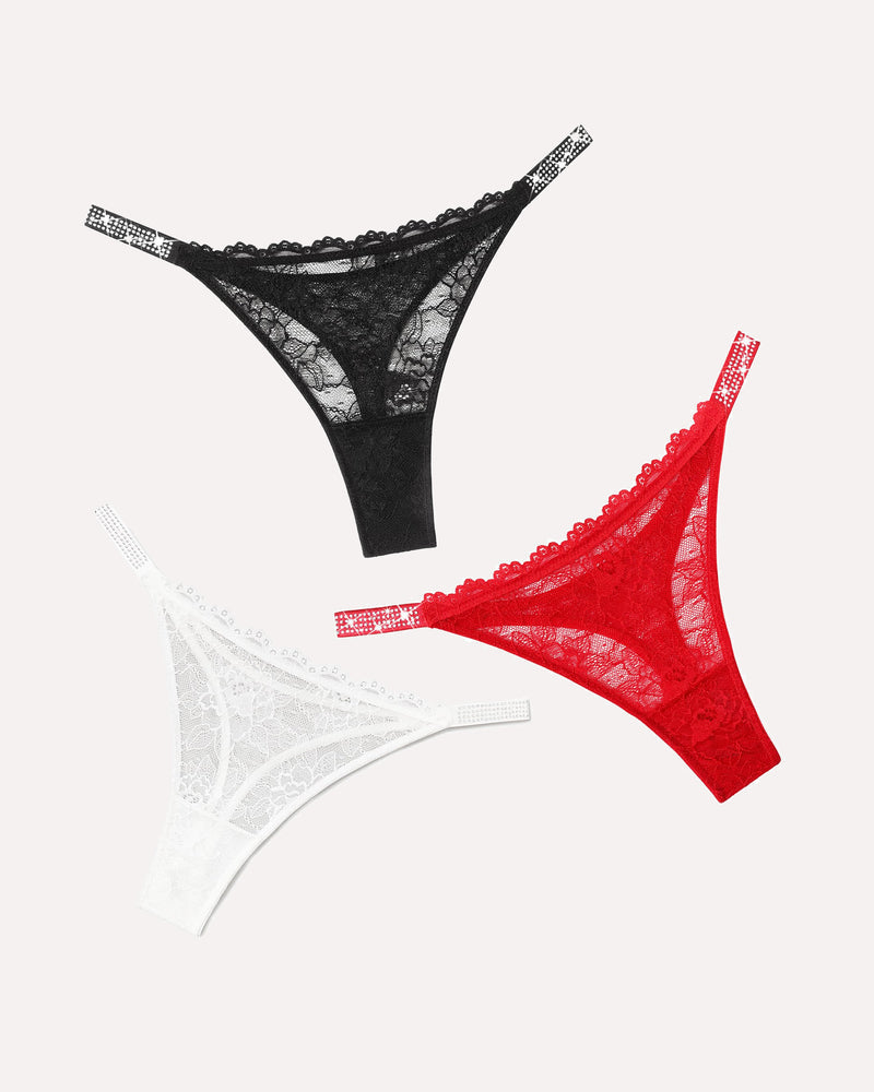 Lace thongs set: black, white, and red tanga with rhinestone straps