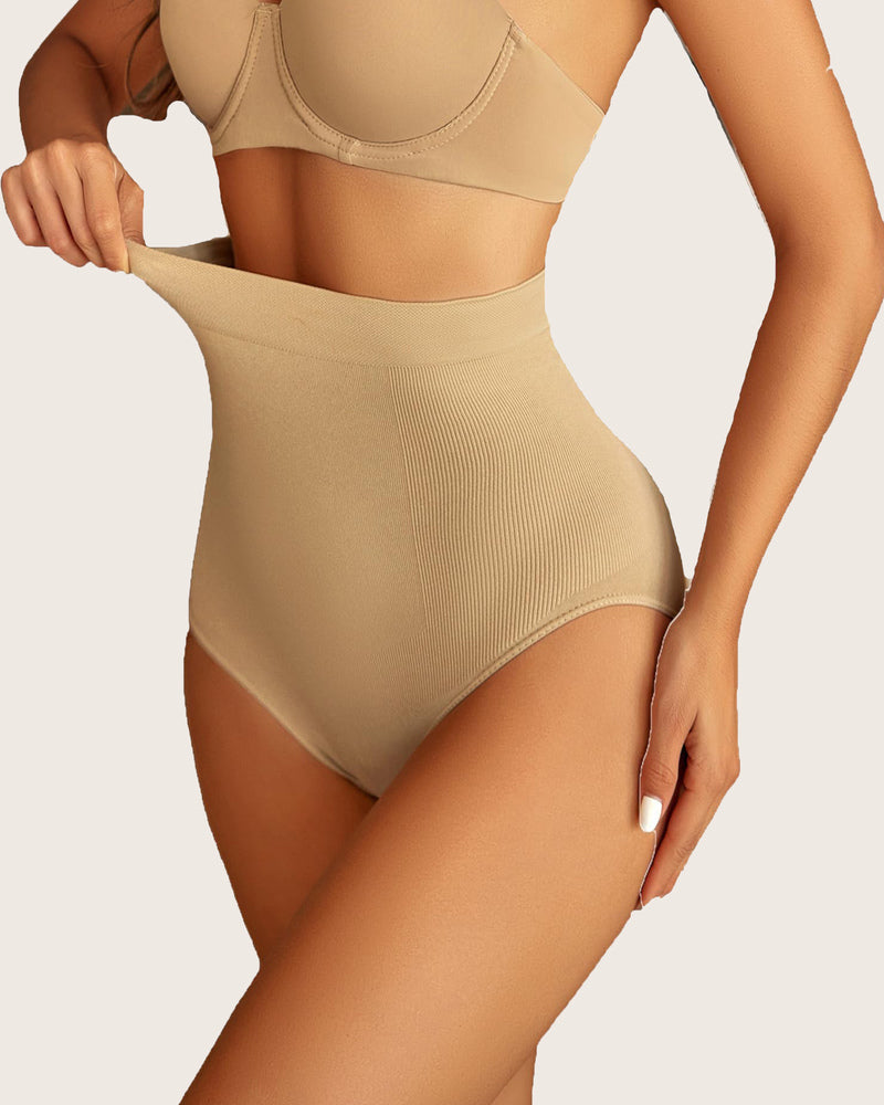 Khaki tummy control briefs with ribbed panel and high-waist shaping