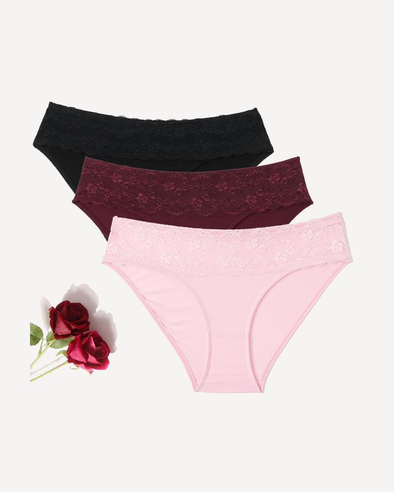 3-pack lace high-cut hipster panties, black, burgundy, light pink