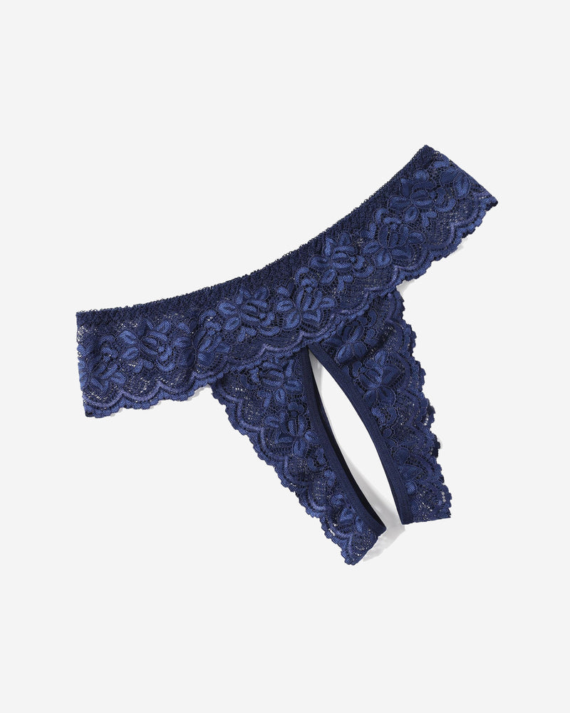 Navy blue lace low rise soft hipster panties, scalloped lace edges