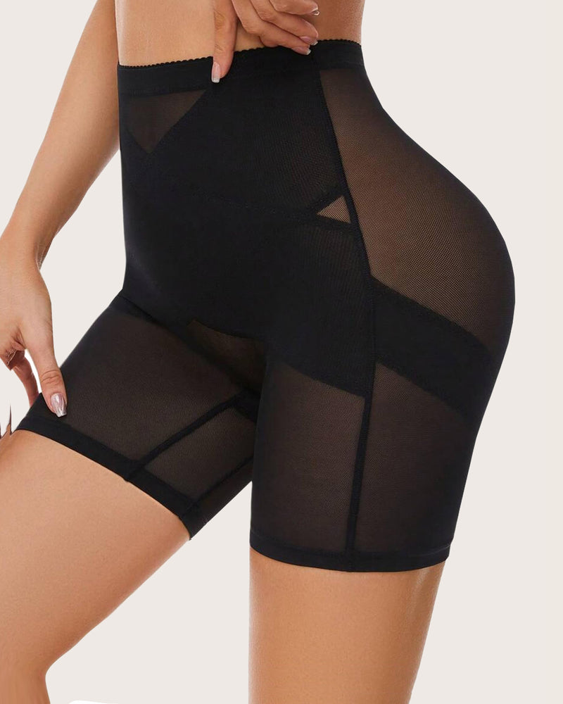 Black shapewear shorts with sheer mesh panels and wide waistband