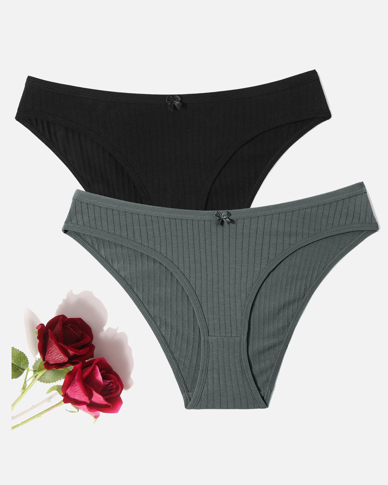 Cotton ribbed hipster panties in black and gray-blue, bow-detail mid-rise