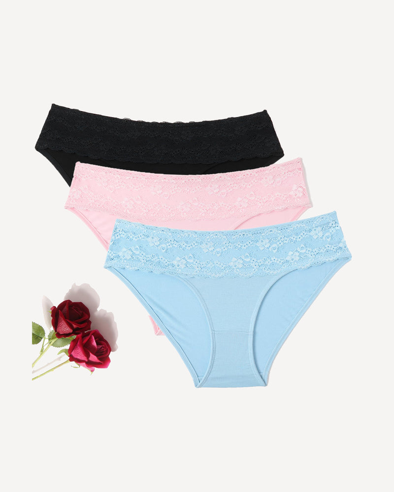 3-pack lace high-cut hipster panties, black, light pink, light blue