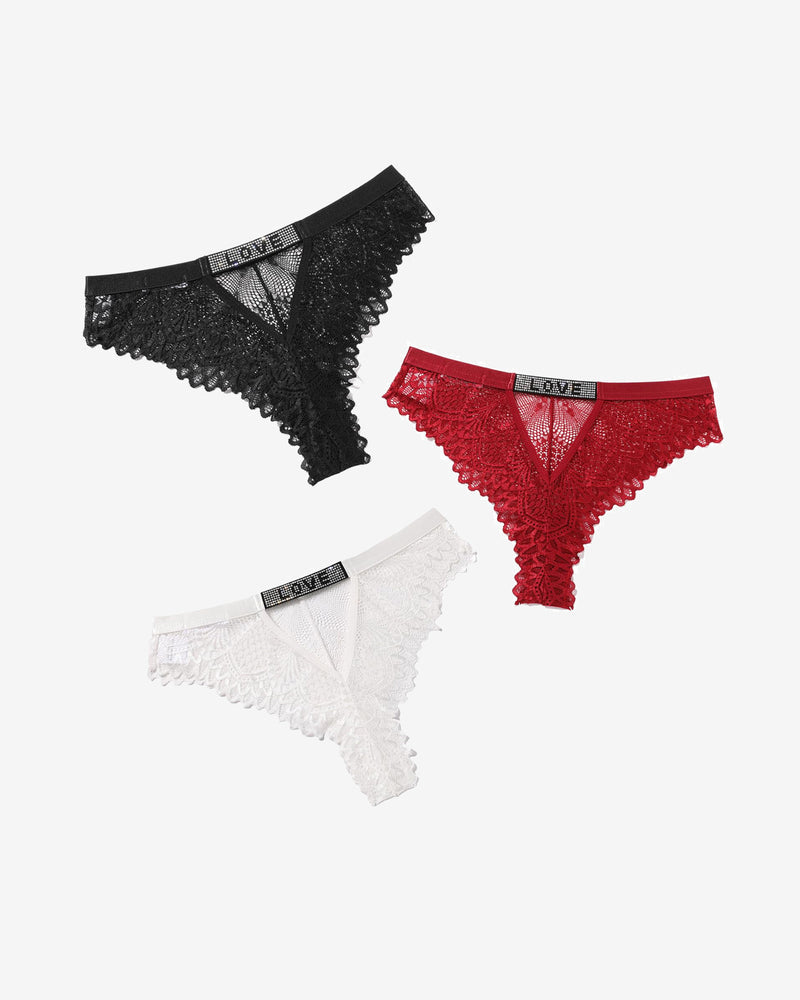 Lace panty set: black, red, and white lace with scalloped edges and elastic waistband