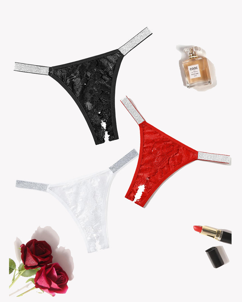 Set of lace low-rise panties with glitter trim straps: black, red, and white