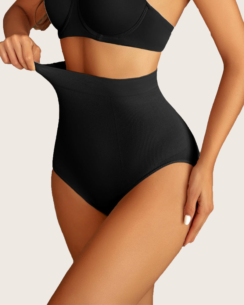 Tummy control high-waist panties, black, smooth ribbed knit waistband and leg openings