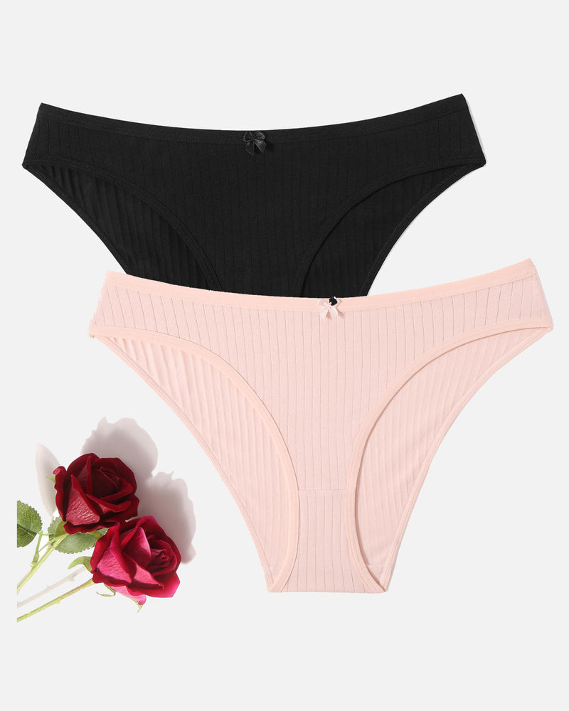 Cotton ribbed hipster panties in black and light pink, bow-detail mid-rise