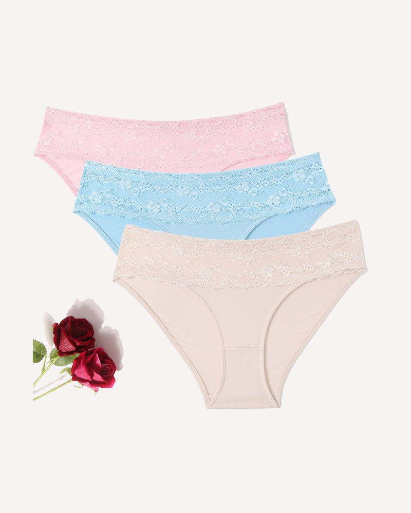 3-pack lace high-cut hipster panties, light pink, light blue, beige