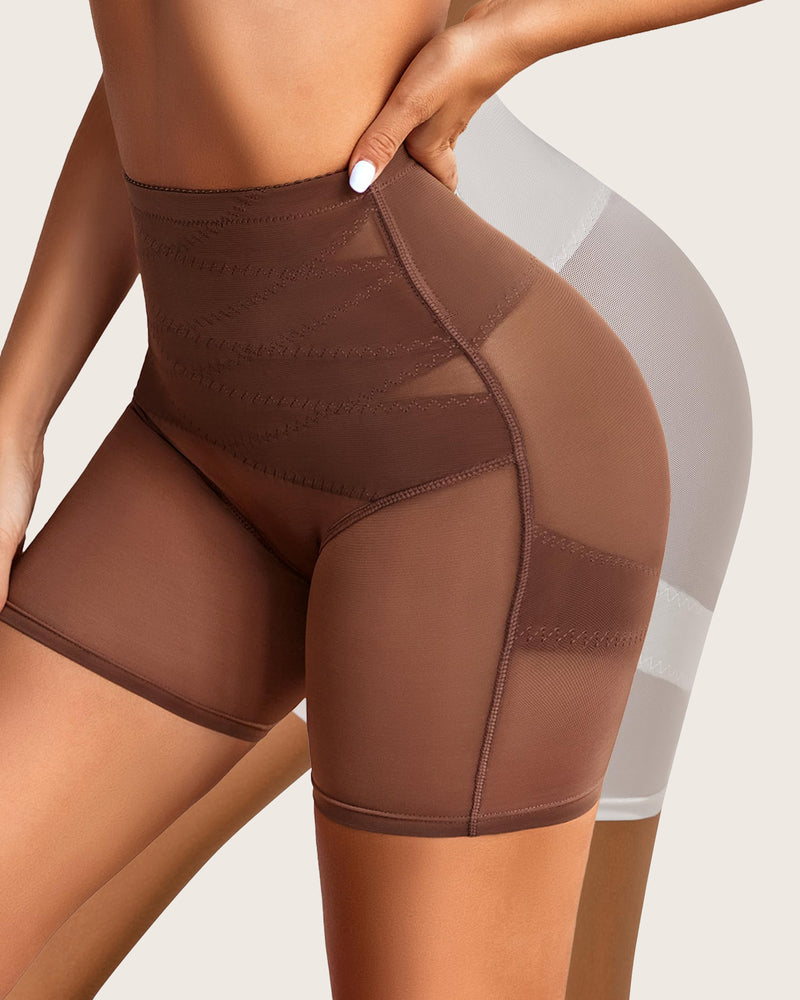 Tummy control shapewear shorts, brown high-waist brief with mesh panels and leg openings