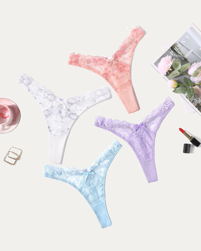Lace G-string thong set with pink, lavender, and light-blue lace panels