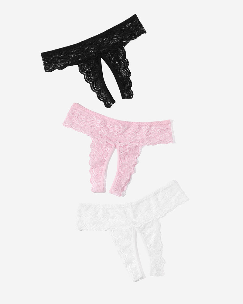 Set of three lace low rise hipster panties in black, pink, and white