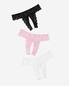 Set of three lace low rise hipster panties in black, pink, and white