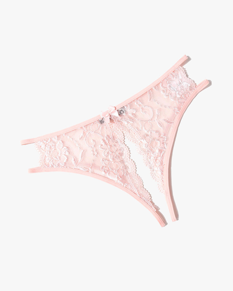 Light pink floral lace thong panties with front bow and scalloped lace edges