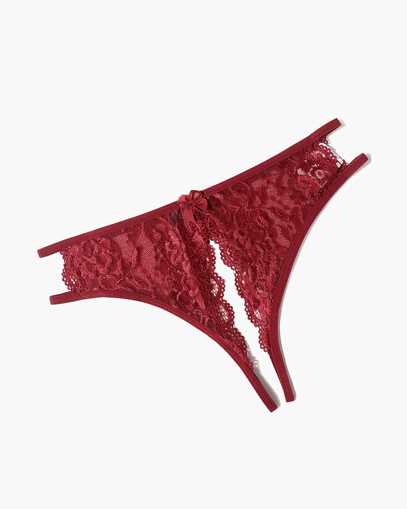 Floral lace thong with bow, burgundy