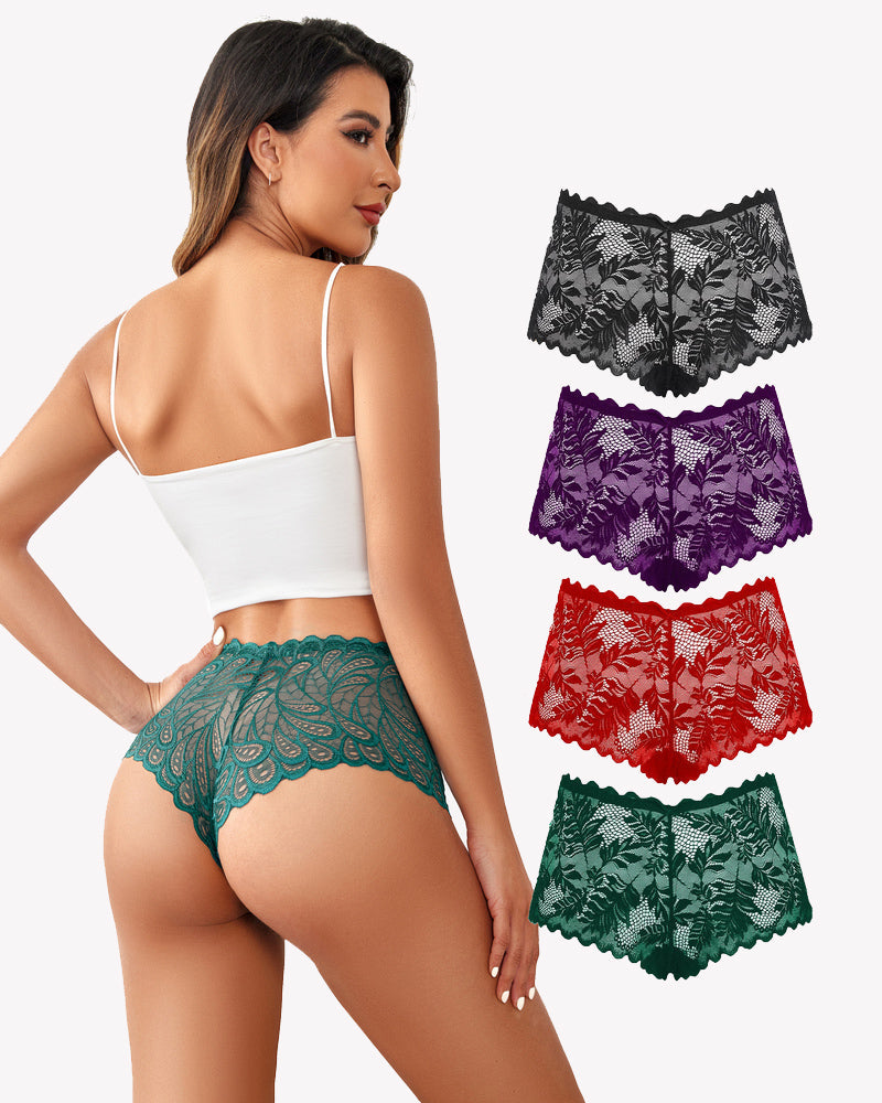 Teal floral lace mid-rise panties with scalloped edges, 4-pack set
