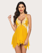 Yellow lace babydoll with sweetheart lace cups and layered sheer ruffle hem