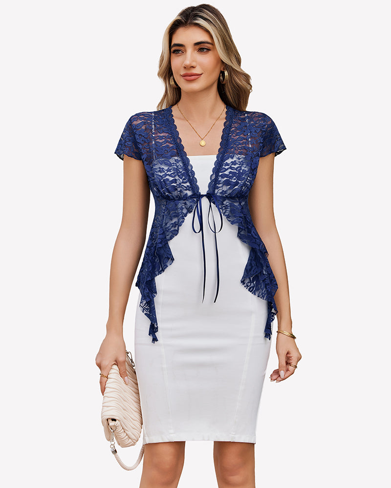 Sheer lace short sleeve tie-front crop top, blue, ruffled V-neck with drawstring