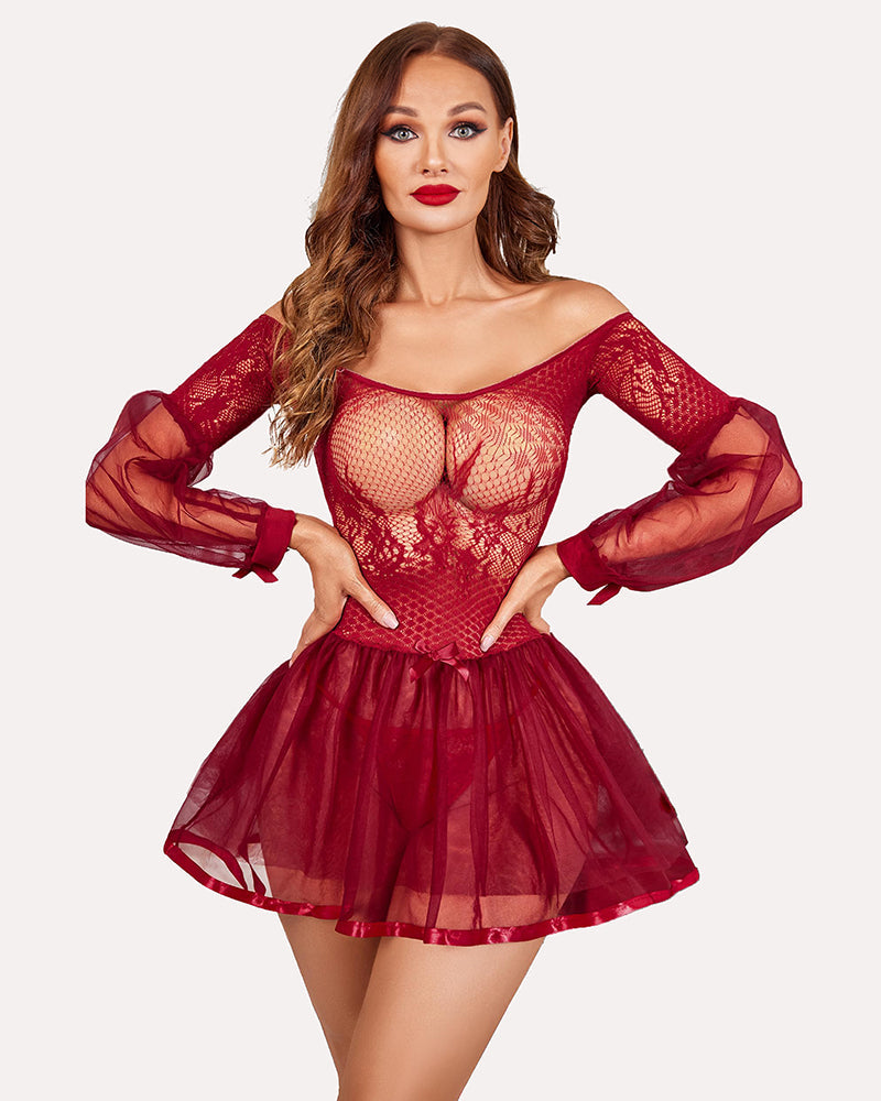 Wine red lace babydoll nightwear dress with off-shoulder neckline, sheer long sleeves, short tulle skirt