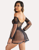 Black lace babydoll nightwear dress, off-shoulder backless style, sheer sleeves, short tulle hem