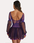 Purple lace babydoll nightwear dress back view, open-back yoke, sheer sleeves, short tulle hem