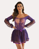 Purple lace babydoll nightwear dress with off-shoulder neckline, sheer long sleeves, tulle skirt