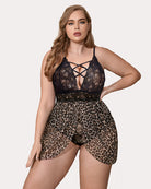 Plus-size leopard print lace nightgown with crisscross neckline and snap-crotch
