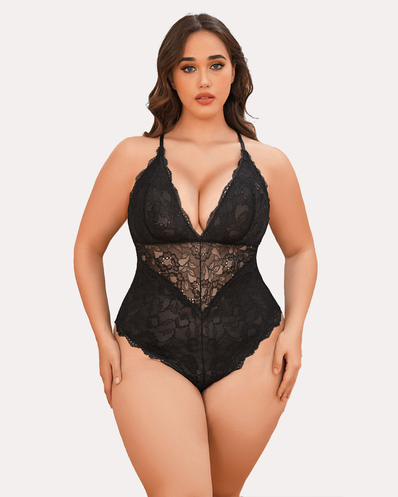 Lace bodysuit teddy with deep V neckline and snap crotch, black lace.