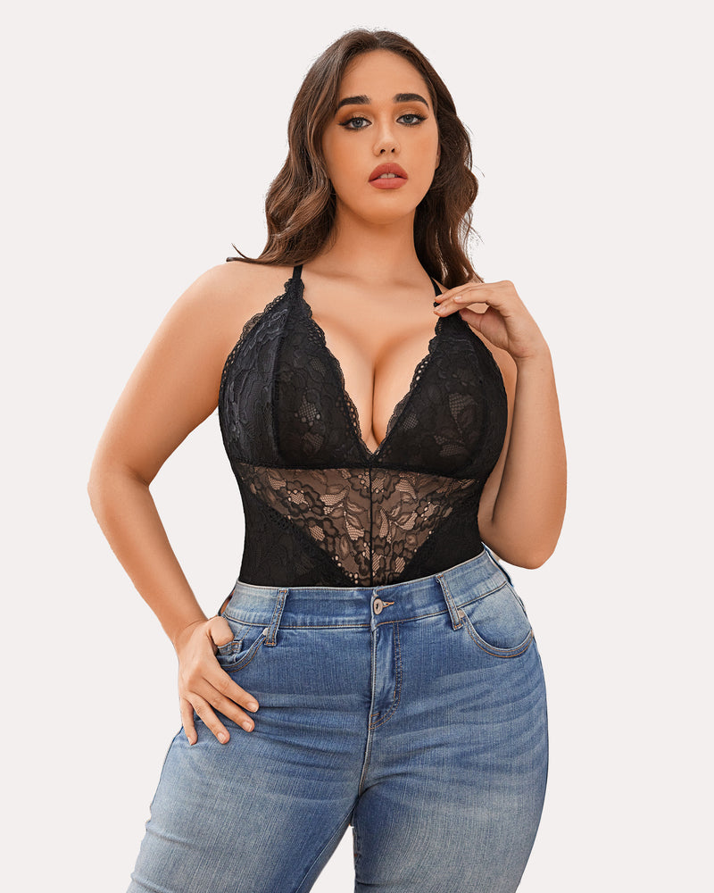 Lace bodysuit teddy with deep V neckline and snap crotch, black lace.