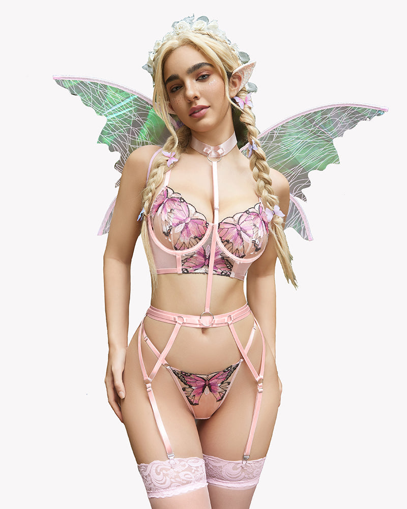 Light pink embroidered lace bra and panty set with butterfly print and garter briefs